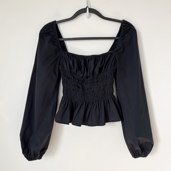 Staud Jules Puff Sleeve Peplum Smocked Top Womens Small Black - Picture 2 of 11